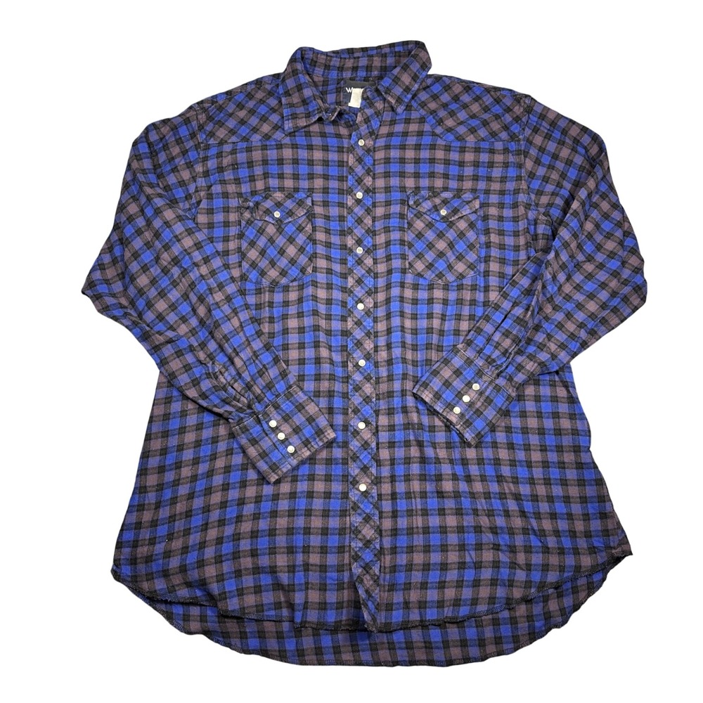 Wrangler Mens 2XT Blue Black Plaid Pearl Snap Western Flannel Shirt Tall